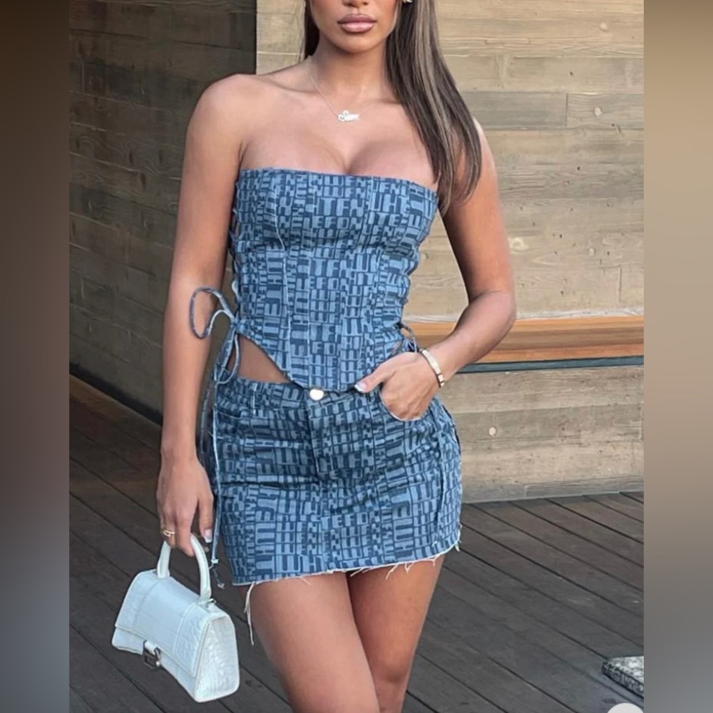 WFB Two Way Street Bustier Navy Logo Print
